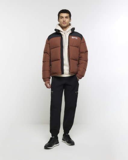 Rust regular fit colour block puffer jacket