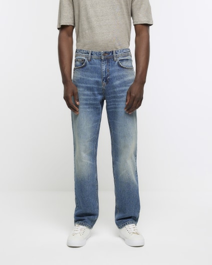 Blue straight fit faded jeans