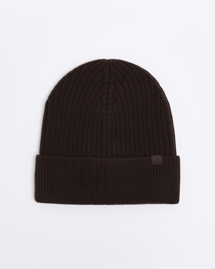 Brown knitted rib beanie