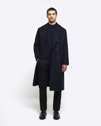 Navy regular fit wool blend premium coat