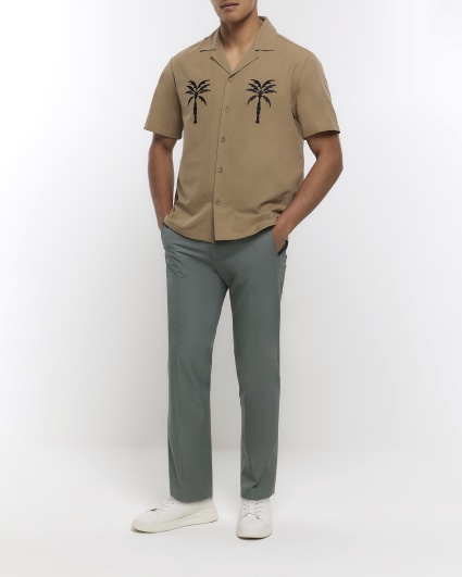 Brown regular fit embroidered palm tree shirt