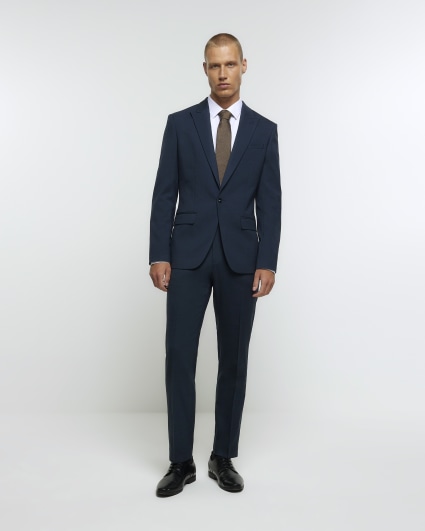 Blue slim fit wool blend suit trousers