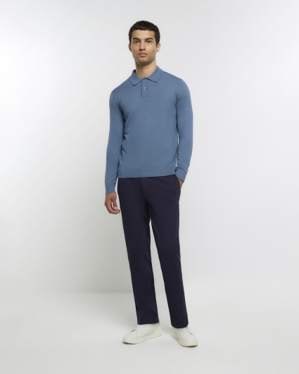 Blue slim fit knitted long sleeve polo