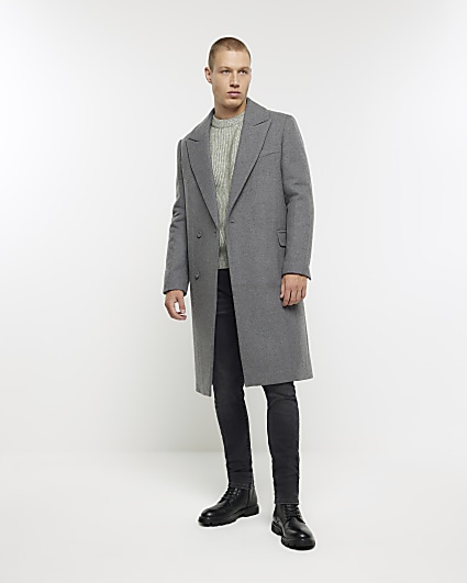 Grey regular fit wool blend longline coat