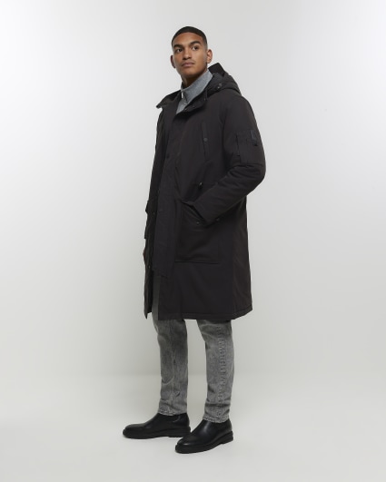 Black hooded longline parka jacket