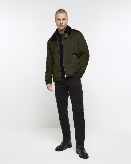 Green regular fit shearling aviator jacket