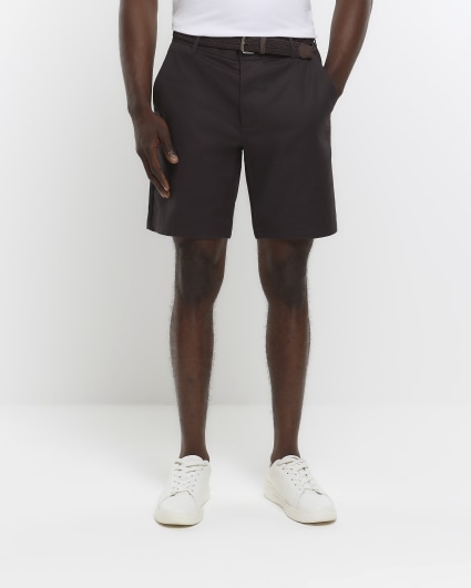 Dark brown slim fit belted chino short