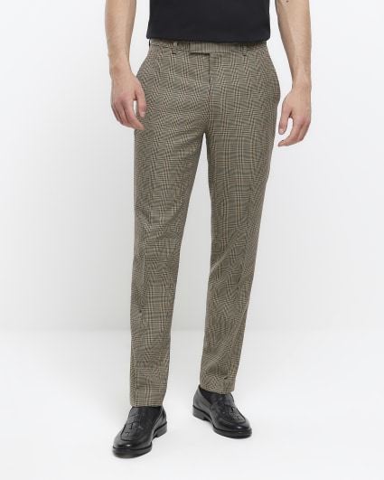 Brown slim fit check suit trousers