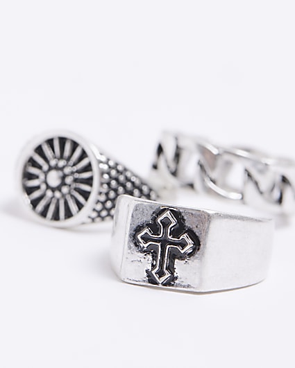 3PK silver colour cross and chain rings