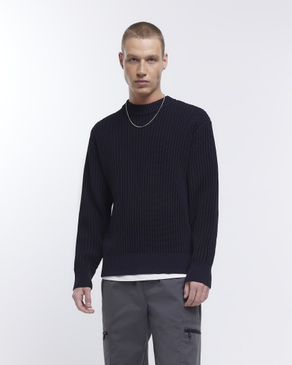 Navy regular fit plaited rib jumper