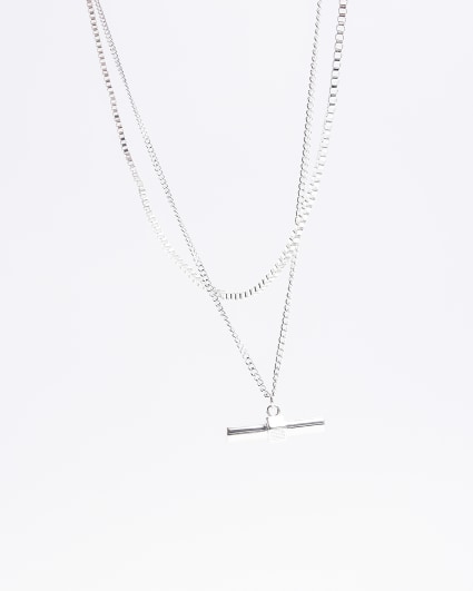 Silver plated bar pendant multirow necklace
