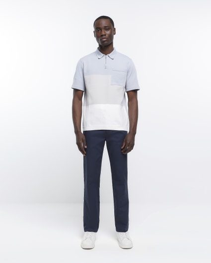 Blue slim fit knitted colour block polo