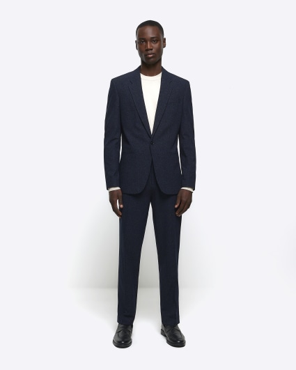 Navy slim fit textured suit jacket