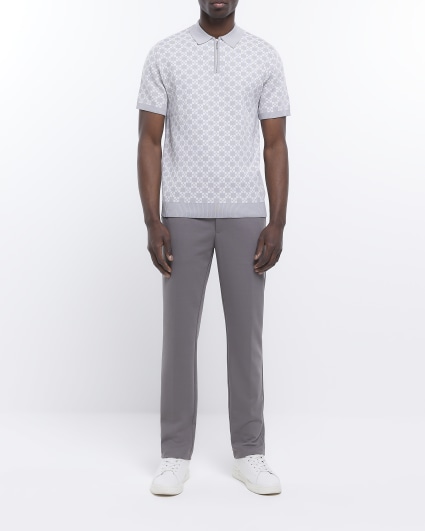 Grey slim fit knitted geometric print polo