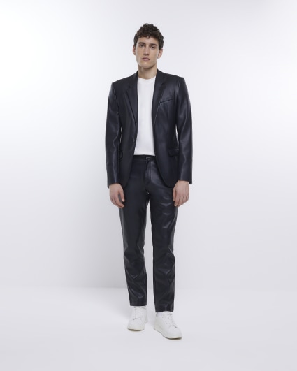 Black slim fit faux leather suit jacket