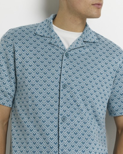 Blue Regular fit Jacquard print Revere shirt