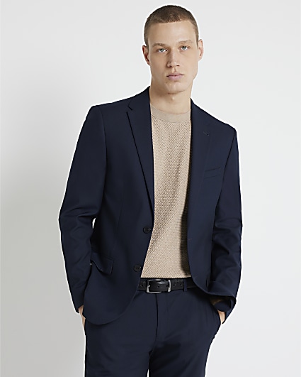 Navy skinny fit twill suit jacket