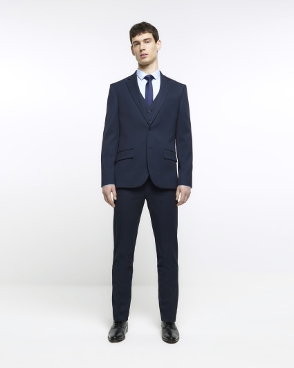 Navy skinny fit herringbone suit jacket