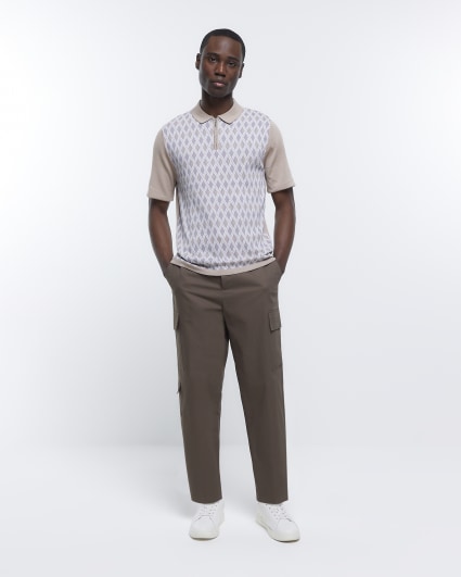 Brown slim fit geometric print knitted polo
