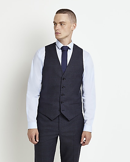 Navy slim fit check waistcoat