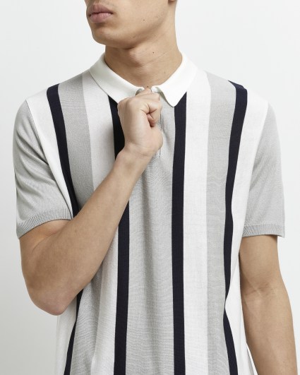 Grey slim fit stripe knitted polo shirt