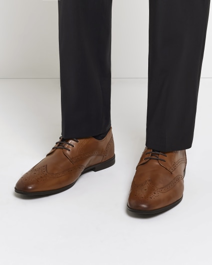 Brown wide fit leather brogue derby shoes