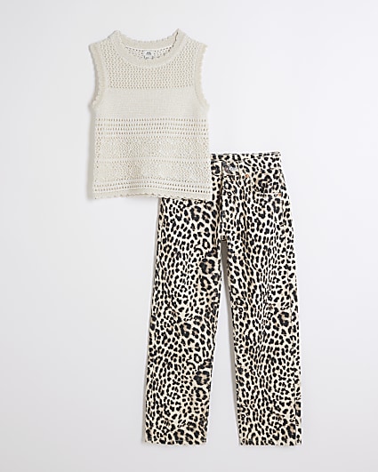 Girls cream crochet top and leopard jeans set