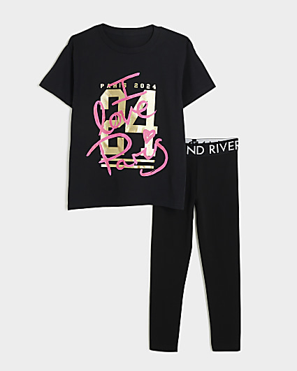 Girls black graffiti t-shirt and leggings set