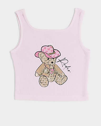 Girls pink ribbed bear vest top