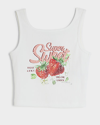 Girls white strawberry graphic tank top