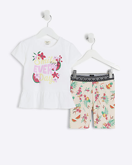 Mini girls white floral peplum t-shirt set
