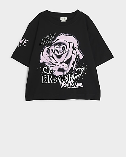 Girls black rose graphic t-shirt