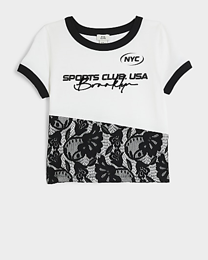 Girls White Lace Hem Graphic T-Shirt