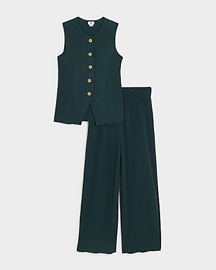 Girls green plisse waistcoat and trousers set