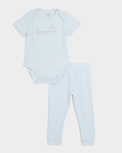 Baby blue ribbed embroidered all in one set