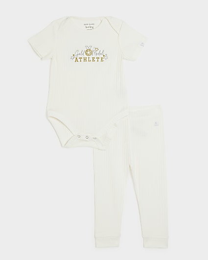 Baby beige ribbed embroidered all in one set