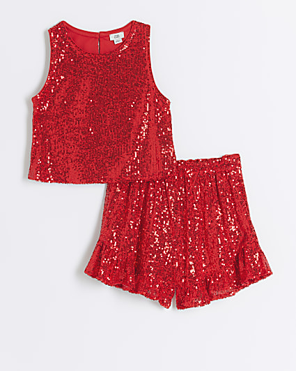 Girls red sequin vest and shorts set