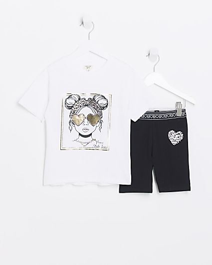 Mini girls white leopard graphic t-shirt set
