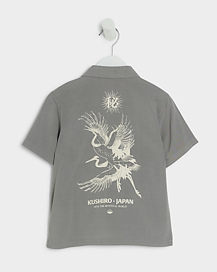 Mini boys grey Japanese crane graphic shirt