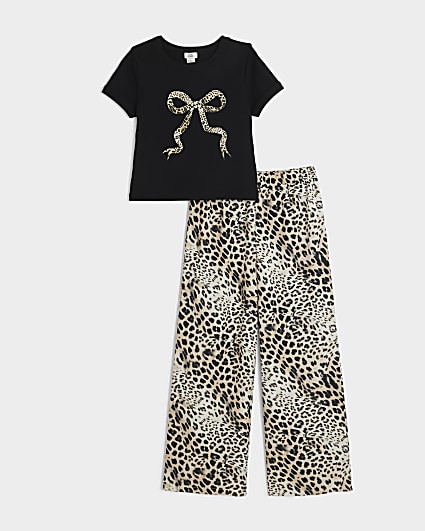 Girls Black Leopard T-shirt and trousers Set