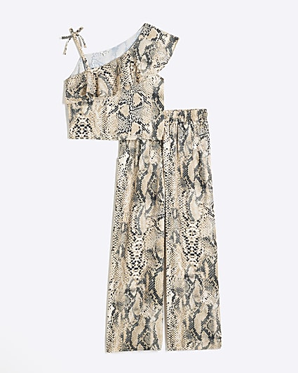 Girls beige snake print top and trousers set