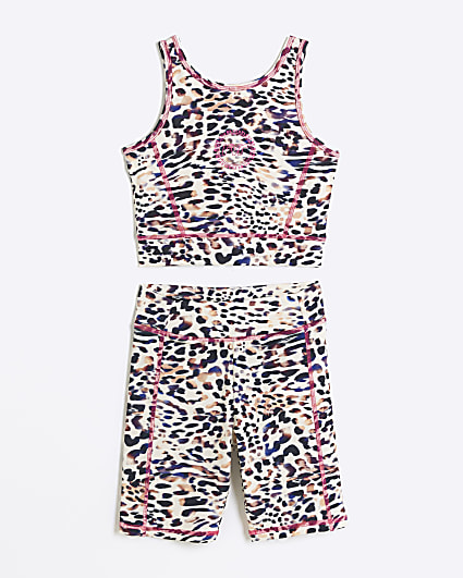 Girls beige leopard print crop vest top set