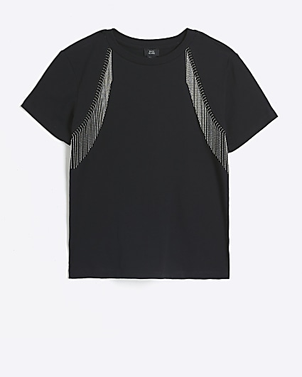 Girls Black Diamante Fringe T-Shirt