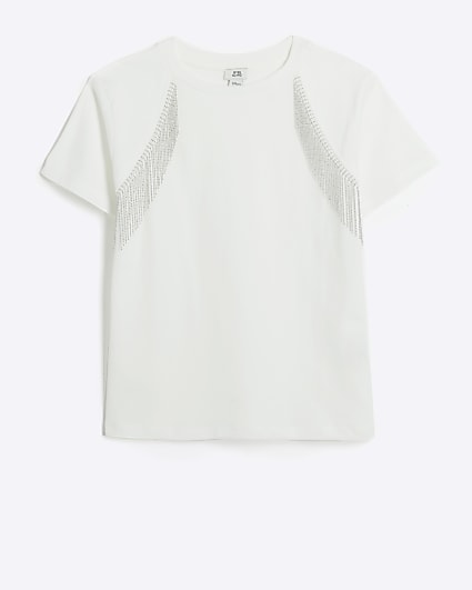 Girls white diamante fringe t-shirt