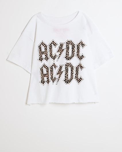 Girls white leopard AC DC print t-shirt