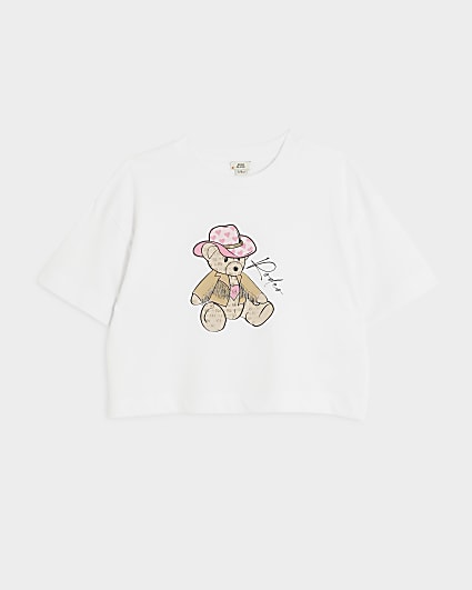 Girls white rodeo bear graphic t-shirt