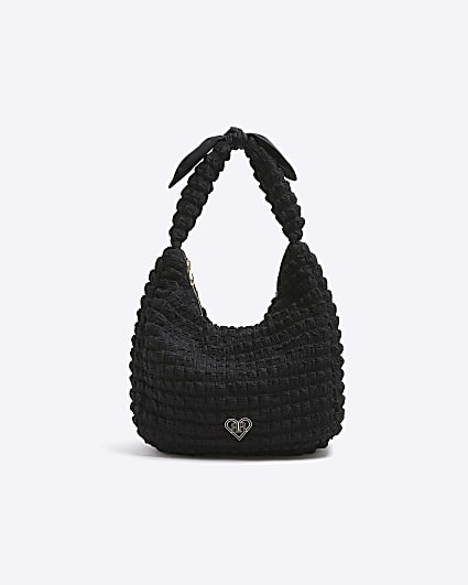 Girls black textured bow shopper bag