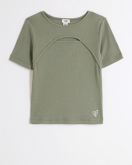 Girls Khaki Ribbed Cut Out T-Shirt