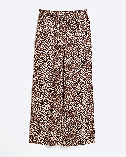 Girls beige leopard print wide leg trousers