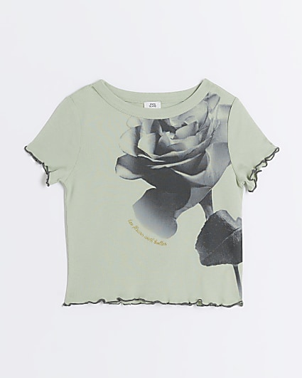 Girls Khaki Rose Print Frill Hem T-shirt